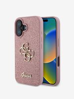 Guess PU Fixed Glitter 4G Metal Logo Zadní Kryt pro iPhone 16 Pink Etui za telefon ljubičasta