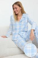 Trendyol Blue-Multicolored Cotton Plaid Pocket Detail Flannel Fabric Woven Pajama Set