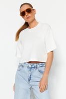 Trendyol Premium Ecru 100% Cotton Crop Knitted T-Shirt