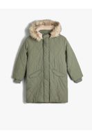 Koton Oversize Long Coat Quilted Faux Fur Detail Hooded Inner Plush Lined Covered Pocket Zipper