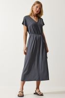 Happiness İstanbul Women's Anthracite Belted V Neck Viscose Dress