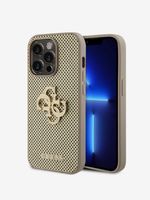 Guess PU Perforated 4G Glitter Metal Logo Zadní Kryt pro iPhone 15 Pro Gold Etui za telefon ljubičasta