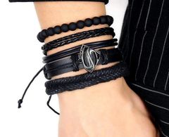 Sada Punk Kožených Náramků, Černá, Kůže/Šňůrka/Ocel, 15.5-16.5 cm