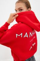 Trendyol Red Back Print Detail Hooded Thick Fleece Knitted Sweatshirt