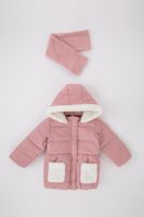 DEFACTO Girl Baby Waterproof Fleece Lined Hooded Coat Scarf 2-Piece Set