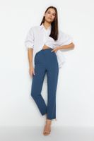 Trendyol Indigo Cigarette Pattern Darted High Waist Ankle Length Woven Fabric Trousers