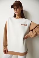 Happiness İstanbul Women's White Biscuit Block Color Raising Sweatshirt