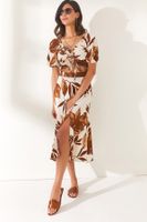 Olalook Women's Leaf Ecru Camel Top Blouse Bottom Slit Skirt Suit