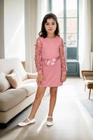 28185 Dewberry Waist Tied Tulle Detailed Girls Dress-PINK
