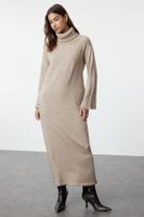 Trendyol Light Brown Turtleneck Long Soft Textured Knitwear Dress