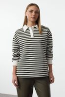 Trendyol Khaki Striped Polo Collar Thick Polar Fleece Oversize Knitted Sweatshirt