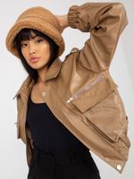 Dark beige short eco-leather jacket with pockets