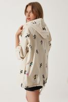 Happiness İstanbul Women's Cream Pink Printed Hooded Raw Linen Jacket