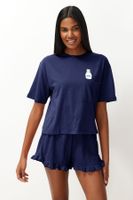 Trendyol Navy Blue Plain Ruffle Jersey Knitted Pajamas Set