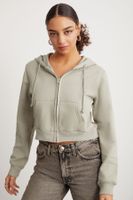 GRIMELANGE Delia Women's Crop 3 Yarn Raised Knit Relaxed Fit Zippered Hooded Almond Green Sweatshirt