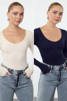 Trendyol Navy Blue-Stone 2 Pack V-Neck Fitted Cotton Stretchy Knitted Blouse