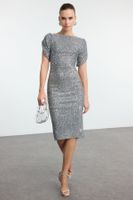 Trendyol Silver Body-Styling Glitter Knitted Sequin Elegant Evening Dress