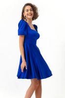 Lafaba Women's Sax Balloon Sleeve Flared Cut Mini Satin Evening Dress