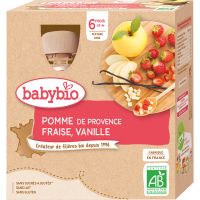 Babybio BIO jablko, jahoda, vanilka ovocný príkrm 4x90 g