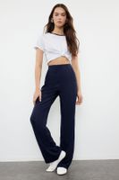 Trendyol Navy Blue Linen Look Wide Leg High Waist Woven Trousers