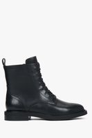 Estro: Niskie czarne trzewiki damskie ze skóry naturalnej z ozdobnym sznurowaniem