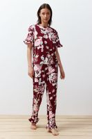 Trendyol Claret Red-Multicolored 100% Cotton Floral Ruffle Detailed Knitted Pajama Set