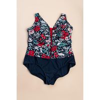 Plus Size Einteiler Badeanzug Mit Print, Dunkelblau