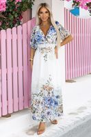 613-1 CELINA Airy maxi dress with envelope neckline, belt and floral ombre - light blue