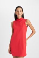 DEFACTO Half Turtleneck Basic Plain Button Detail Sleeveless Mini Red Dress