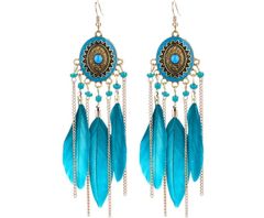 Dlouhé závěsné náušnice BOHO s peřím, modré, 12 cm