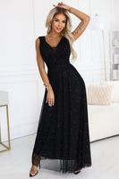 637-2 Long evening dress with a glitter accent and a deep neckline - black