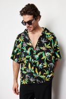 Trendyol Black Oversize Fit Leaf Printed 100% Viscose Short Sleeve Casual Summer Shirt