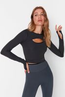 Trendyol Dark Anthracite Crop Window/Cut Out and Thumb Hole Detail Knitted Sports Top/Blouse