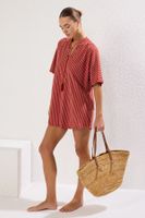 Trendyol Brązowa sukienka plażowa w paski o szerokim kroju Mini z dzianiny