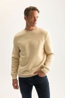 DEFACTO Men's Beige 3 Thread Cotton Raised Polar Fleece Regular Fit Crew Neck Thick Sweatshirt