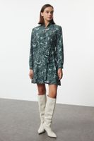 Trendyol Green Belted Shawl Pattern Lined Mini Woven Shirt Dress