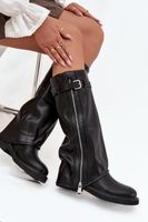 Boto Kozaki Damskie Z Wywiniętą Cholewką Klamrą I Srebrnym Zamkiem Ocieplane Czarne Bressa