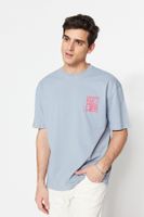 Trendyol Grey Oversize/Wide Cut Crew Neck Text Printed 100% Cotton T-Shirt