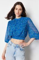 Trendyol Blue Floral Stand Collar Crop Woven Blouse