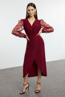 Trendyol Burgundy Double Breasted Sleeve Detailed Knitted Chic Dress