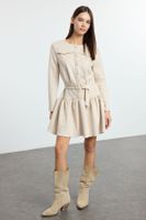 Trendyol Stone Belted Skater/Waist Open Pleated Skirted Suede Mini Woven Dress