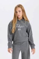 DEFACTO Girl's Hooded Printed Thessaloniki Fabric Sweatshirt