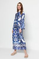 Trendyol Blue Satin Surface Ethnic Patterned Evening Dress