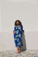 Trendyol Curve Blue Fish Patterned Slit Detailed Balloon Sleeve Woven Beach Dress