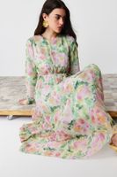 Trendyol Light Green Floral Belt Detailed Lined Pleated Chiffon Woven Dress
