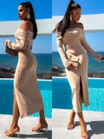 Béžové elegantní šaty KOANTES s rozparkem Velikost: S/M