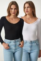 Happiness İstanbul Women's Black and White V Neck 2-Pack Knitted Blouse