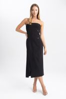 DEFACTO Strapless Basic Straight Slit Midi Black Dress