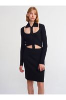 Dilvin 90143 Polo Collar Buttoned Knitwear Dress-Black