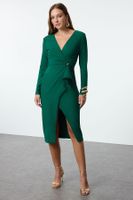 Trendyol Emerald Green Accessory Detail Woven Chic Midi Evening Dress